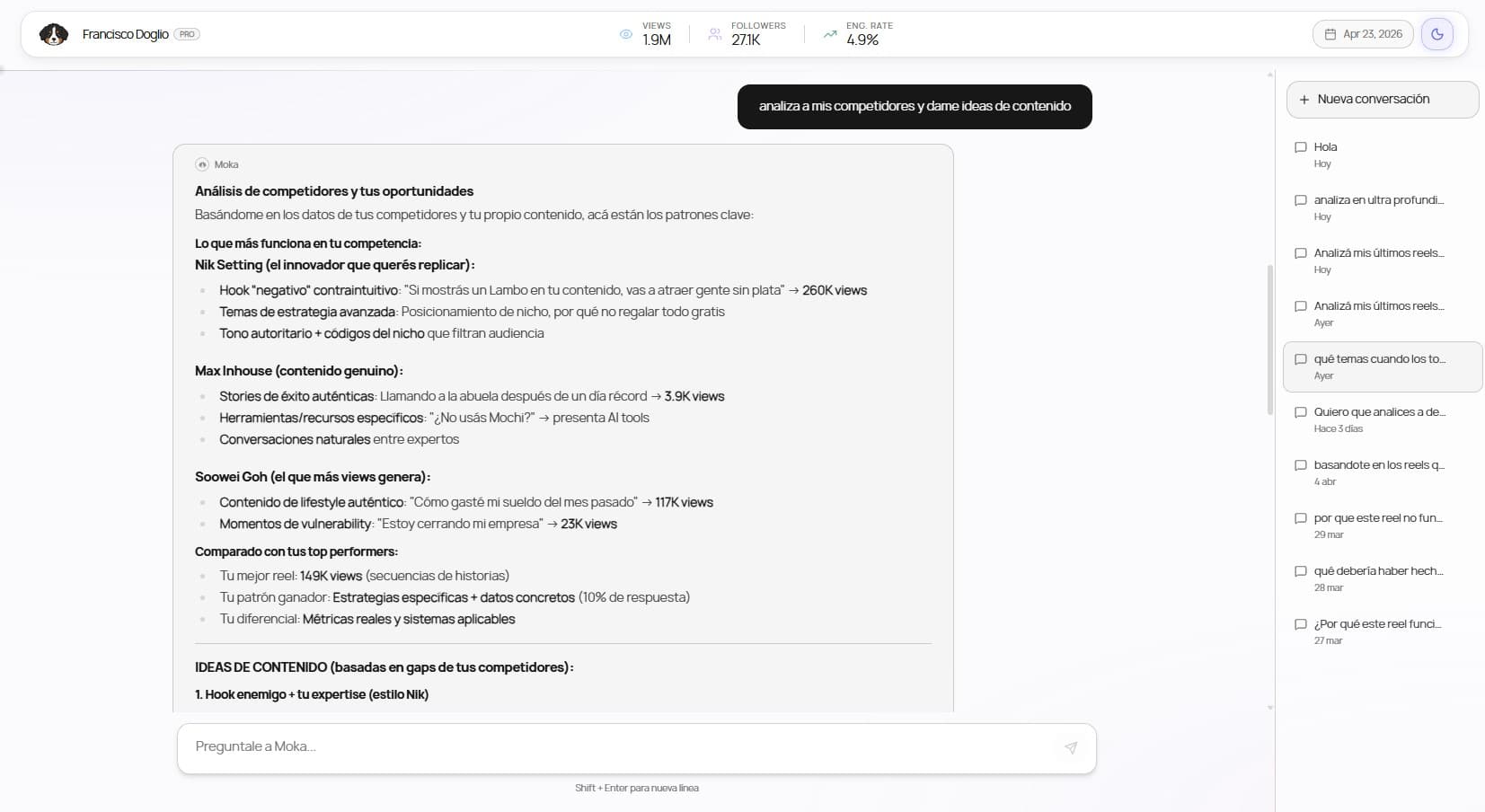 Genera ideas de contenido y guiones probados basados en tus datos.